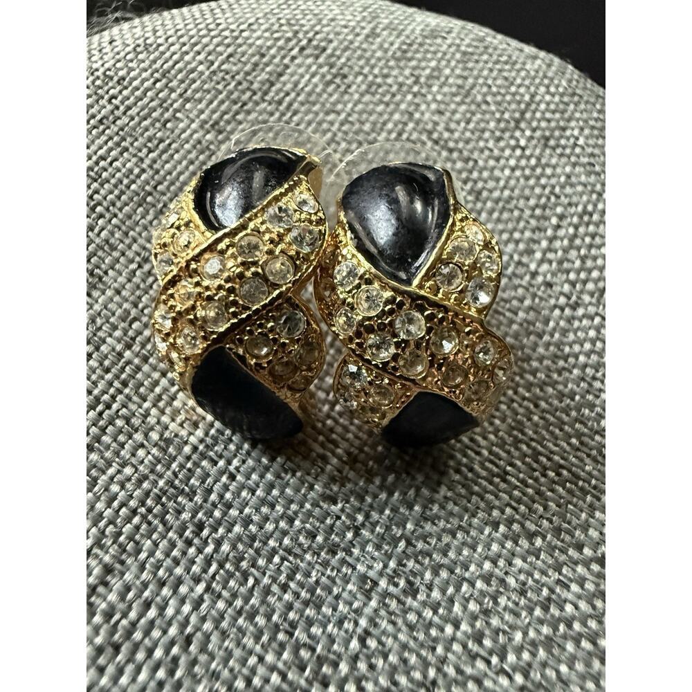 Vintage Roman "X" Gold Black Enamel Clear Rhinestone 1/2 Hoop Pierced Earrings
